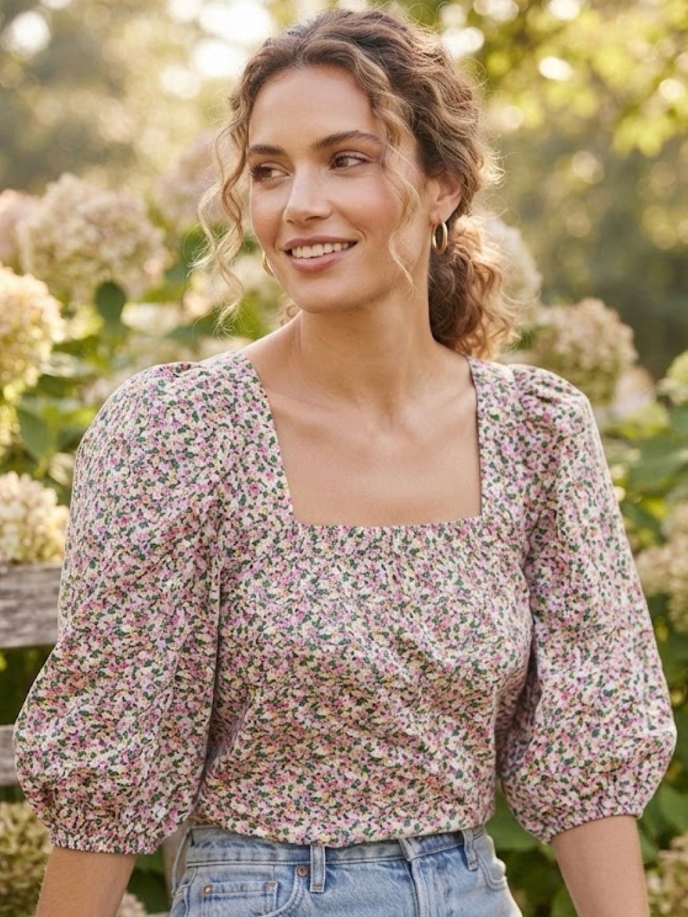 H&M Floral Square-Neck Puff Sleeve Blouse in Pink and Green - Picture 1 of 9